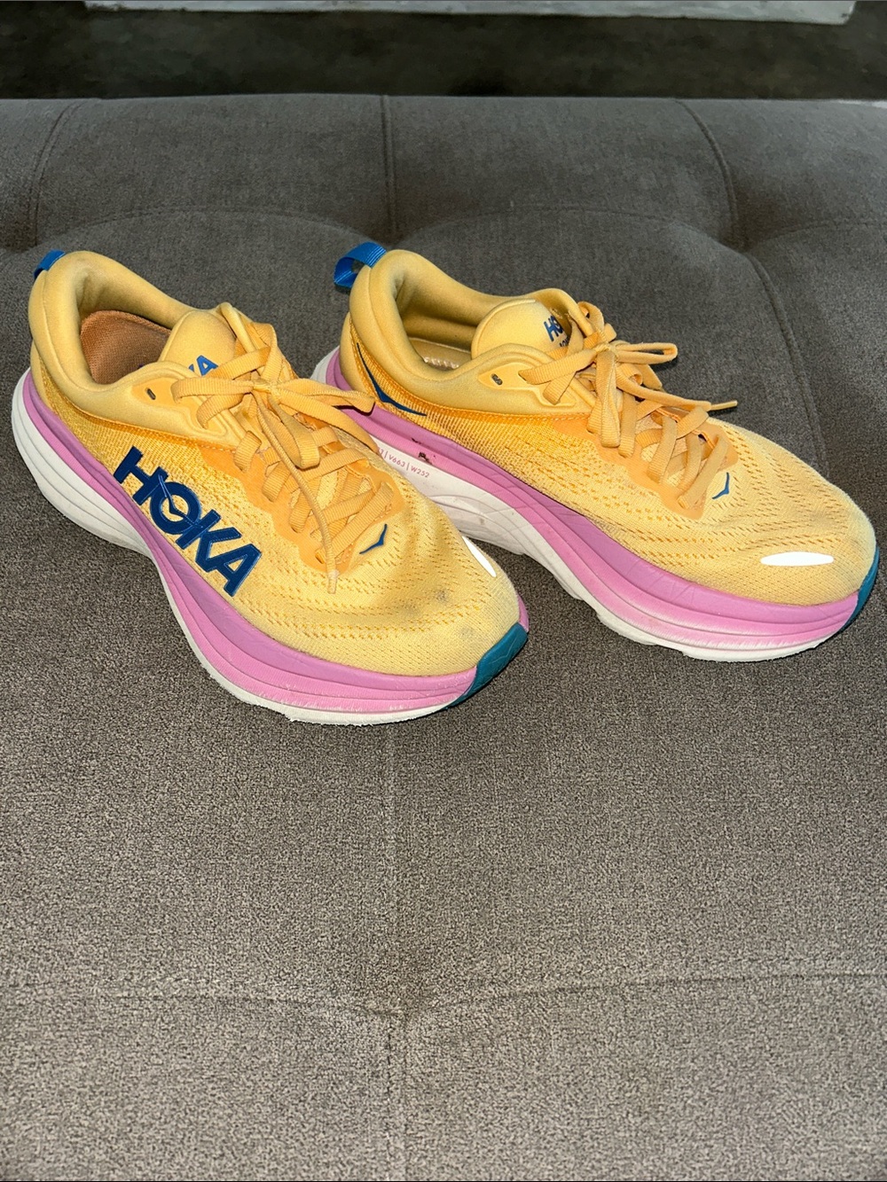 Hoka Yellow and Pink Women's Running Shoes with Blue Logo